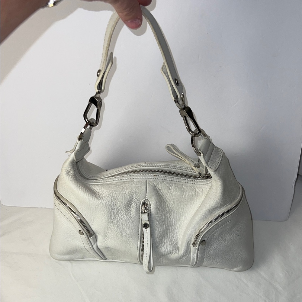 🌼 Longchamp ] Vintage Y2K White Leather Shoulder Bag with Silver Hardware